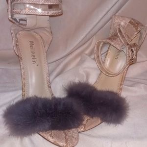 Furry snakeskin heels